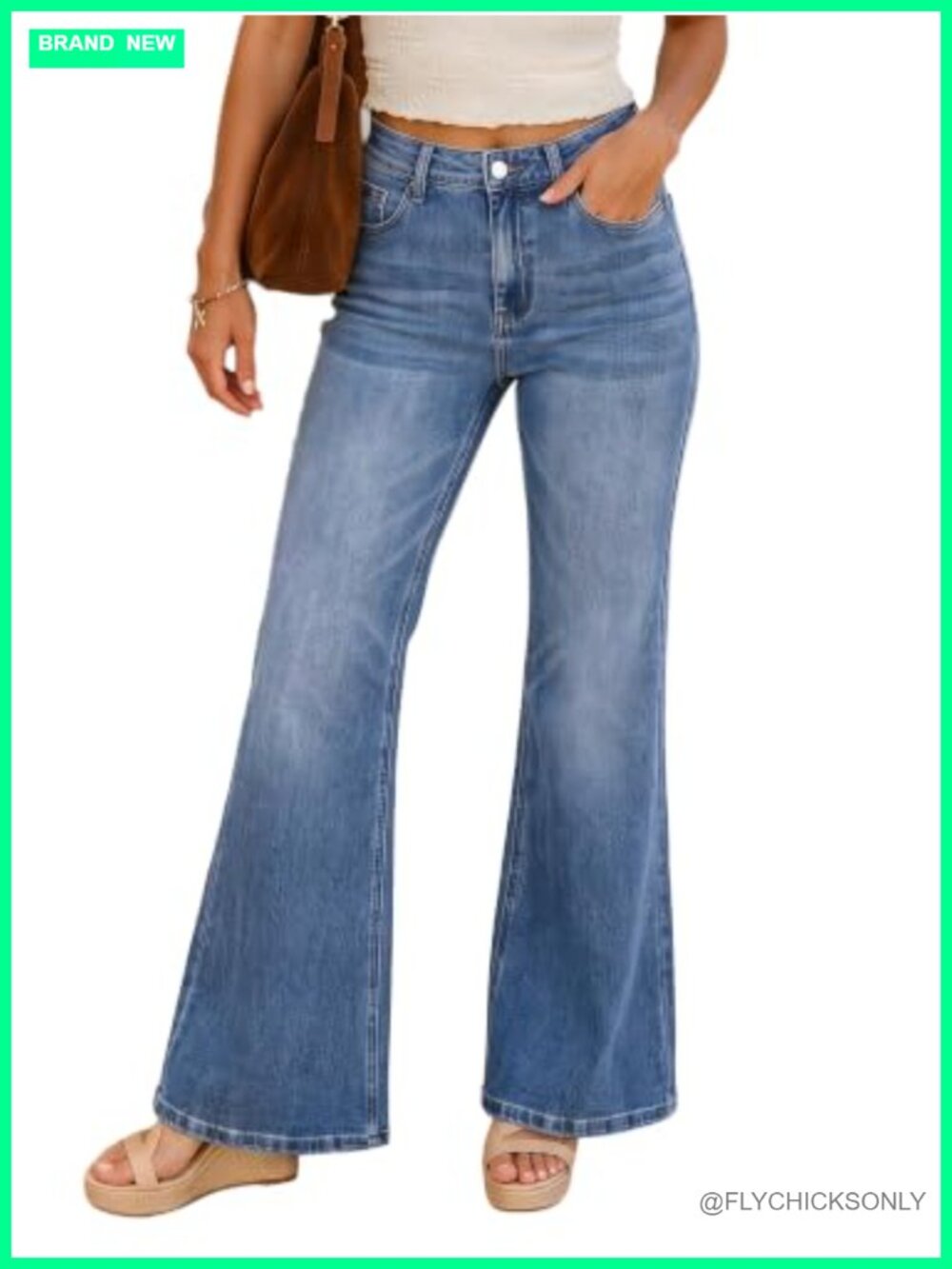 High Waist Wide Leg Flare Knit Denim Jeans with Pockets Stretch
